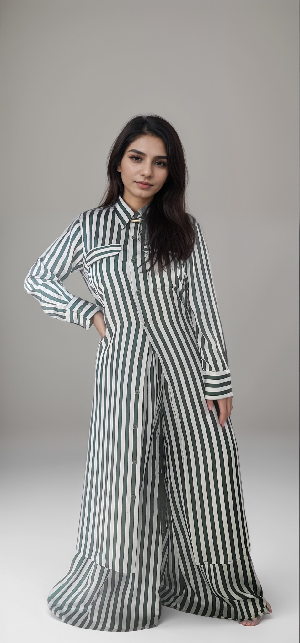 Silk white and green striped long shirt and pant set. 